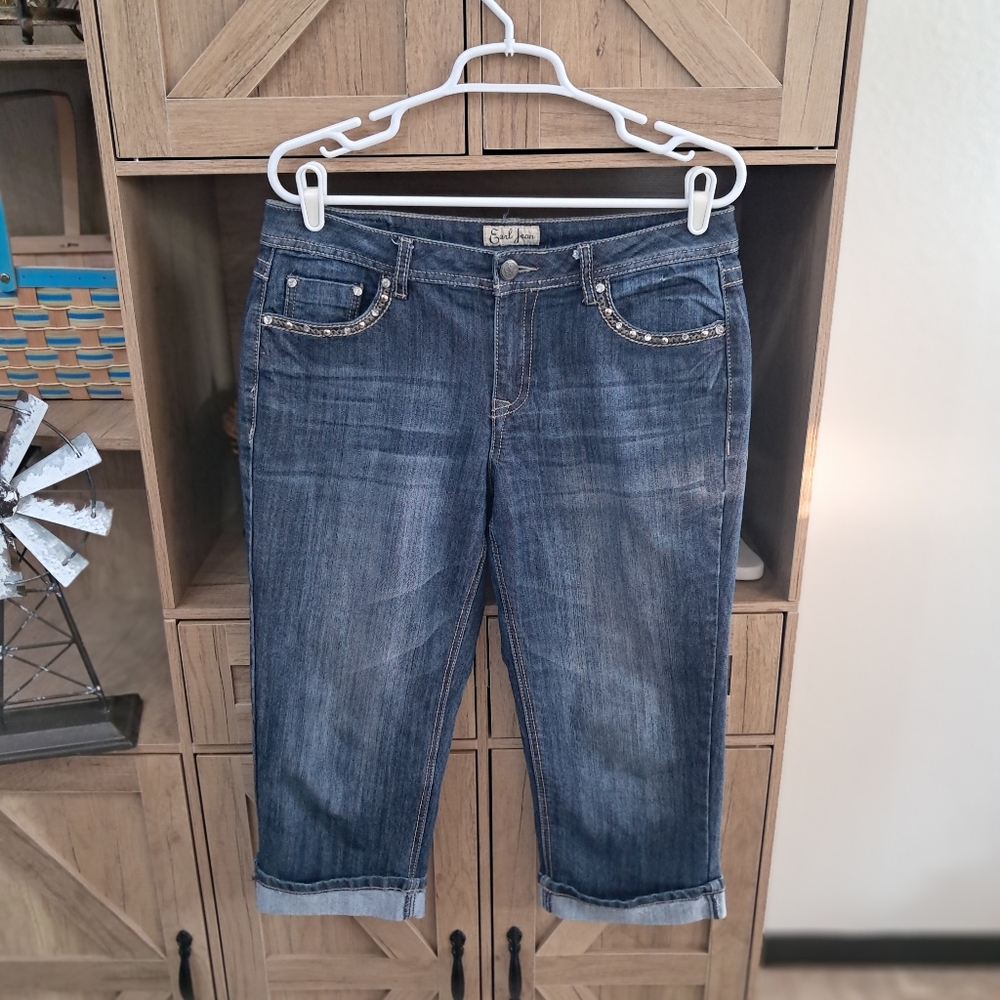 Earl Jean Capri Jeans Embroidered Rhinestones Mid Rise Straight Leg Y2K Vibes